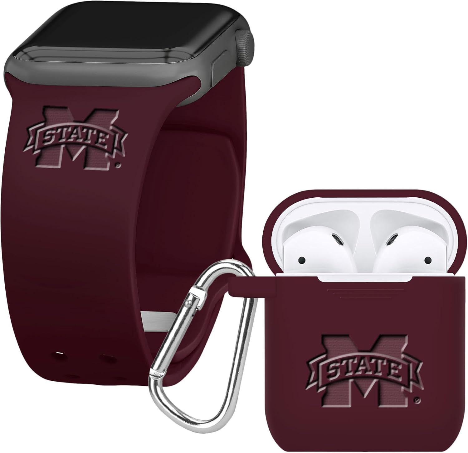 AFFINITY BANDS Mississippi State Bulldogs Engraved Silicone Combo Package Compatible with Apple Watch and AirPods Gen 1 & 2 (38/40/41mm (42mm Series 11) White)