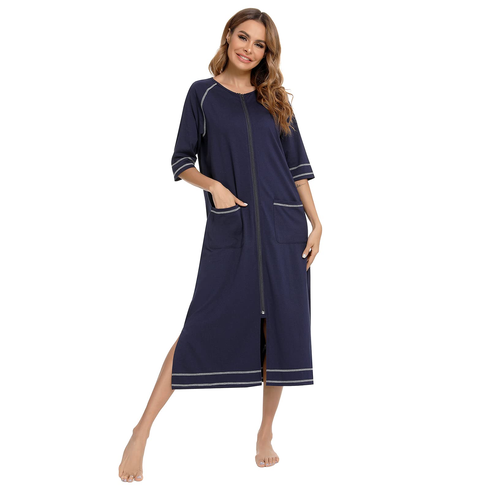 Artfasion Women Zipper Robe 3/4 Sleeves Cotton Robes Long Sleepwear with Pockets Bathrobe Loungewear Nightgown