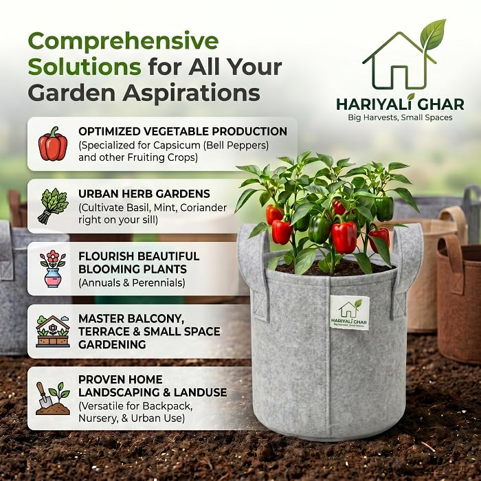 Image of 400 GSM Geo Fabric Round Grow Bags 12x12 Inch with Handle, Grey Planting Bags for Terrace and Kitchen Gardening Pack of 8