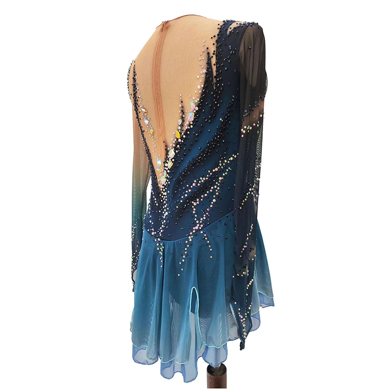 purpleq Eiskunstlauf Kleid für Damen Eislaufbekleidung für Mädchen Dunkelblaues Halo Färben Elastizität Professionelle Wettkampf Skating Bekleidung Kristall Warmes Langarmshirt