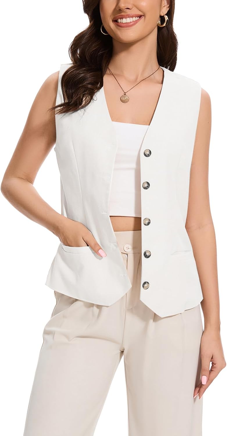 Womens Linen Vest Waistcoat Lightweight V Neck 2025 Work Button Sleeveless Jacket Cotton Summer Vest Tops - Image 4