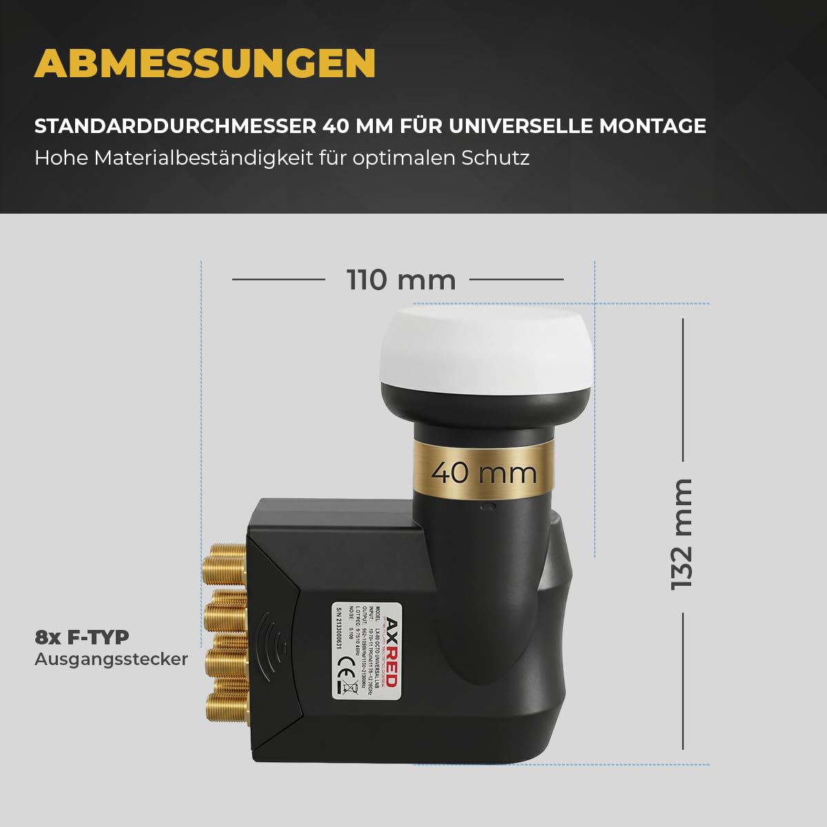 [ Test SEHR GUT, Note 1.0 *] AXRED Octo LNB + Wetterkappe + 8X F-Stecker, Digital 8Fach 4K HD LMB für 8 Teilnehmer mit Wetterschutz Abdeckung, für Fernseher Sat Receiver Satellitenschüssel