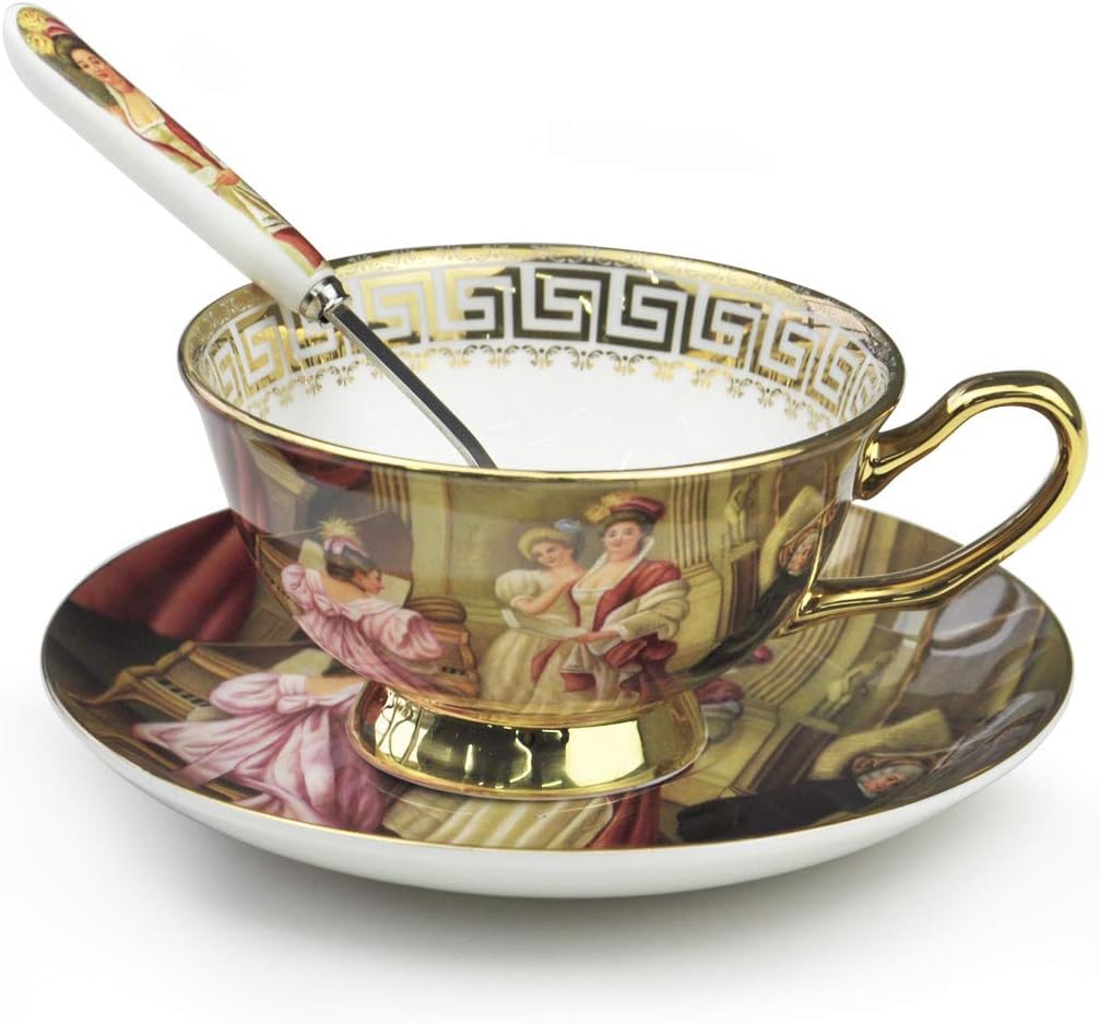 Jucaihome Tea Cups and Saucers Sets Vintage Oil Painting Porcelain Teacups with Saucer and Spoon For Tea Party