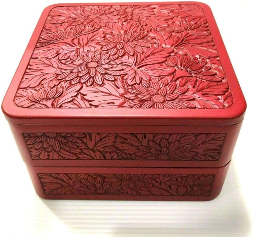 木曽堆朱塗 高級美術漆器 二段重箱 高級堅地漆器 黒緑貝堆朱 節約 木曽