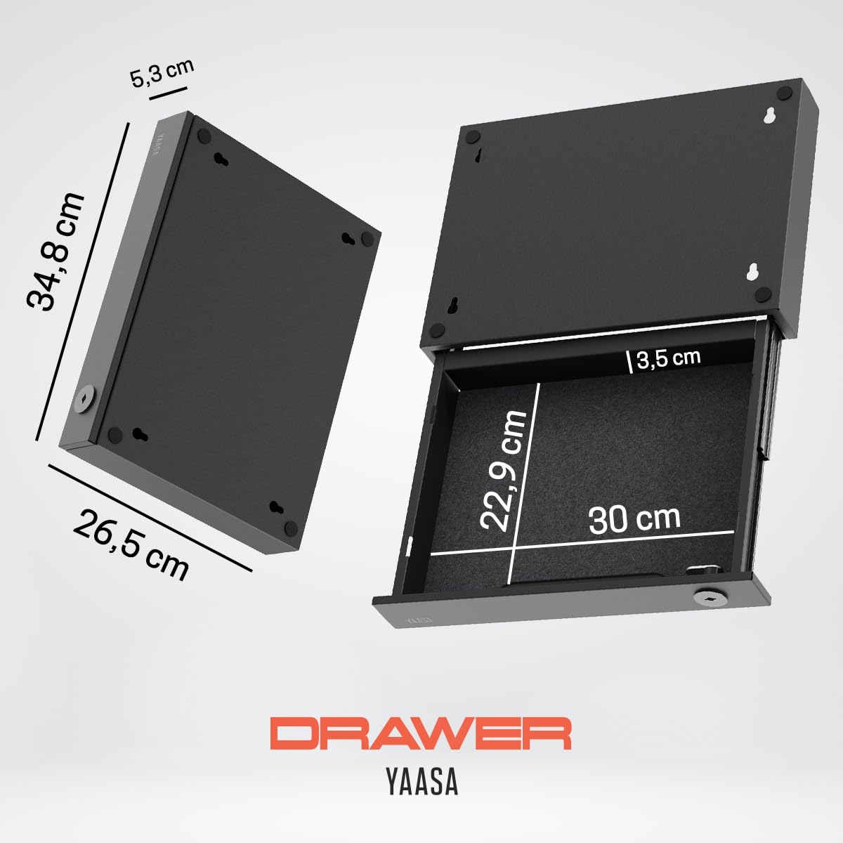Yaasa Desk Drawer Schreibtisch Schublade, Schwarz – Abschließbare Unterbauschublade Schreibtisch im A4 Format mit Filz- & Stifteinlage, 5 kg Tragkraft – Schubladenbox, Schreibtisch Unterbau