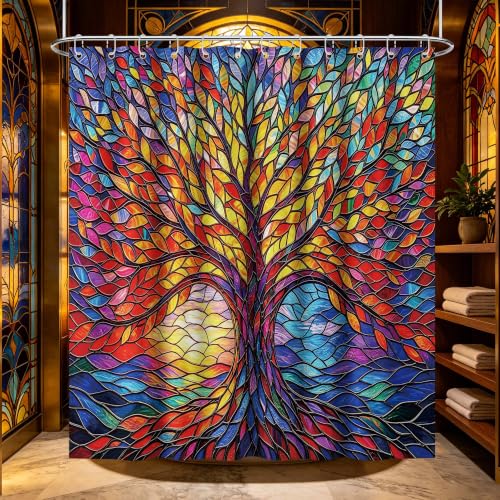 EoExlup Stained Glass Shower Curtain Colorful Tree Nature, 70x72 Inch