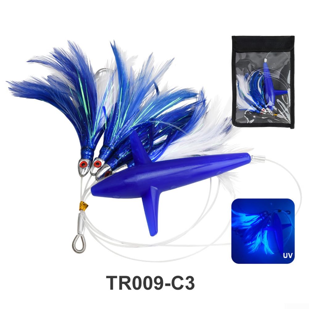 Señuelo de plumas para pesca de atún, cebo de pesca de barco de caza grande con gancho de acero, cebo reflectante UV para pesca en agua salada