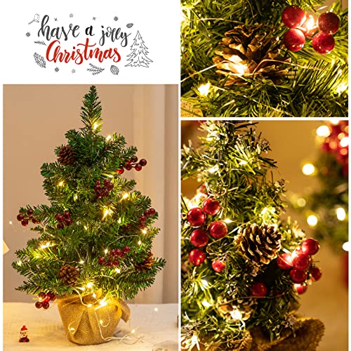 Friiko Prelit Tabletop Artificial Mini Christmas Tree Include Burlap Cloth Bag Base, 21" Little Xmas Tree With Led Lights For Home Office Holiday Diy Décor #TOP3