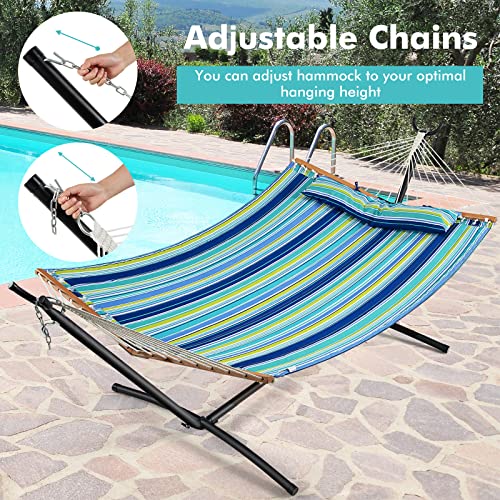 Giantex Hammock Swing Camping Hammock For Stand With Spreader Bar, Detachable Pillow, Hand Woven Cotton Ropes, Outdoor Hammocks For Patio, Backyard, Poolside(Hammock Without Stand) (Blue + Green) #TOP5
