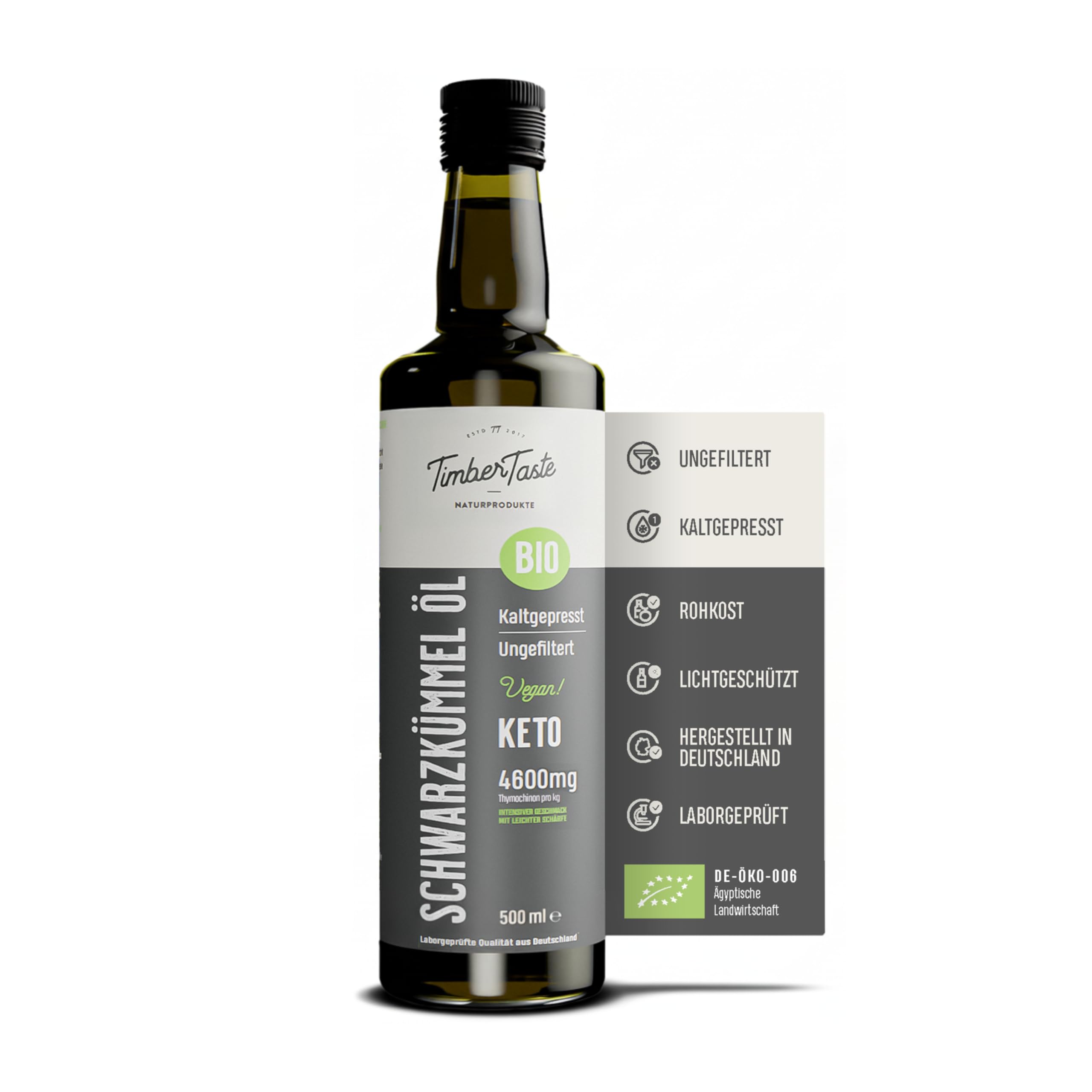 Schwarzkümmelöl bio kaltgepresst, 500 ml, naturrein, 4600 mg/kg Thymochinon-Gehalt, Nigella Sativa, Ägyptisches Schwarzkümmelöl, Black Seed Oil