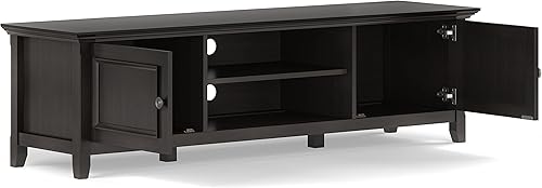 Miniatura 4 de SIMPLIHOME Amherst - Soporte de TV de 72 pulgadas de ancho, consola baja de madera maciza en color marrón nogal, centro de entretenimiento de Marrón