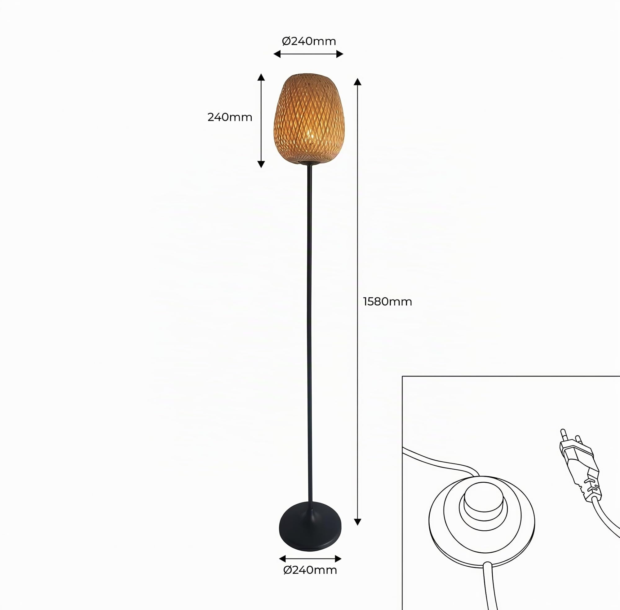BARCELONA LED Lampadaire NIKKO en Rotin avec Douille E27, Lampe sur Pied Style Bohème Naturel, Abat-Jour Tressé Artisanal, Structure Métal Noir, Éclairage d’Ambiance pour Salon Chambre Salle à Manger