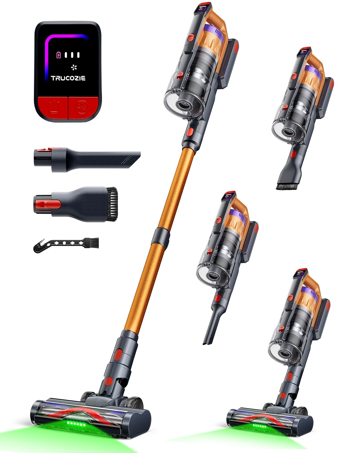 Cordless Vacuum Cleaner for Home, Upgraded 60Kpa Powerful Suction Pet Hair Vacuum with 70min Runtime, Green LED Light for Hardwood Floors & Carpet, Self-Standing Rechargeable Stick Vacuum, Golden