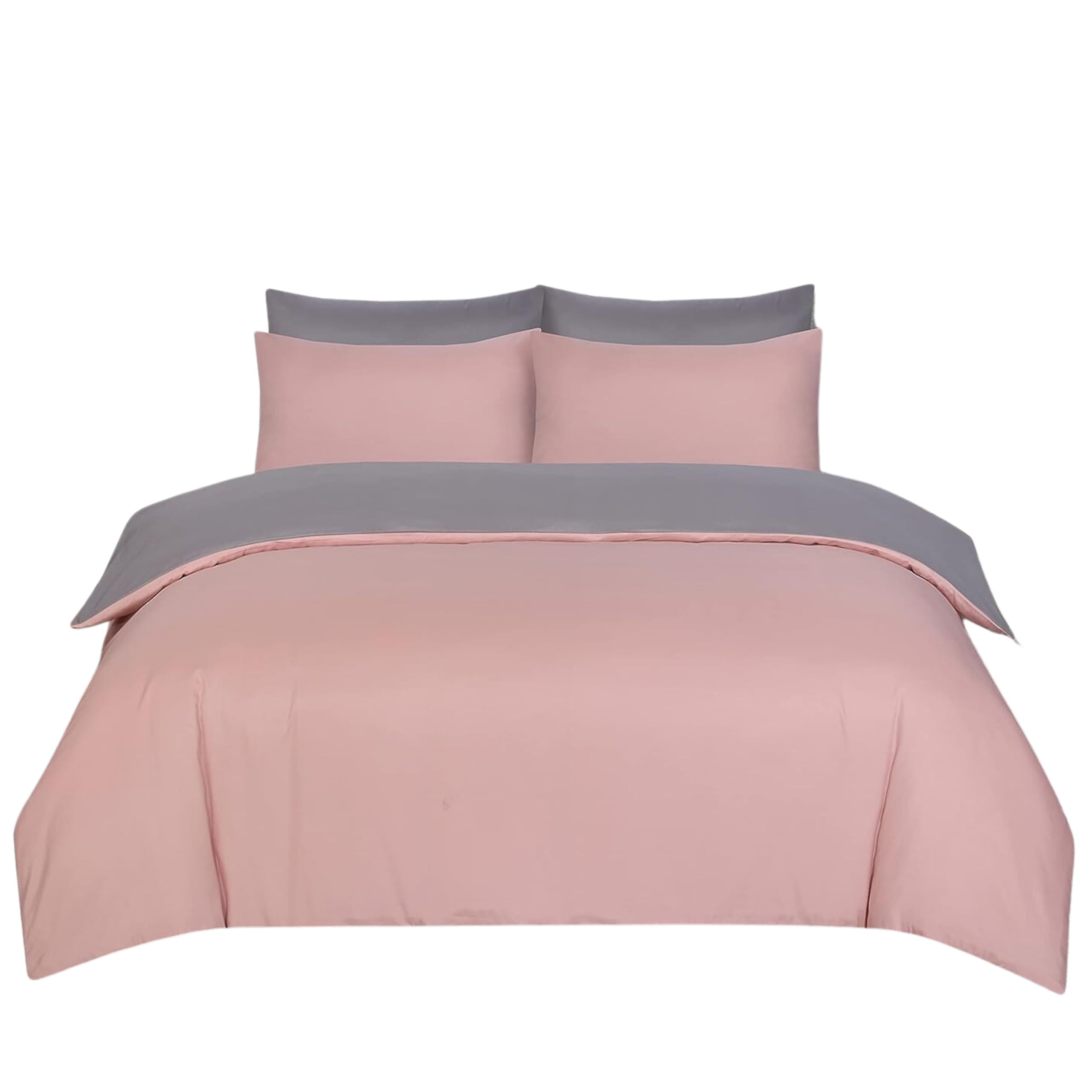 Ev Dekor Duvet Cover Set Double Grey Pink - Soft Microfibre Polyester Plain Dyed Reversible Double Duvet Set with Pillow cases - Bedding Quilt Covers Bedsheets - Image 3