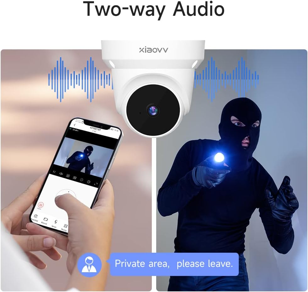 XIAOVV security camera with sound waves indicating two-way audio, showing a person using a phone to speak to an intruder.