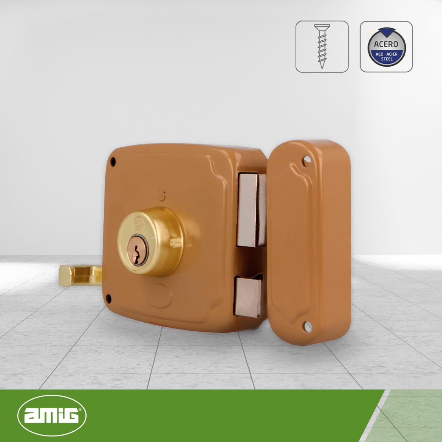 Amig - Serratura a Soprapponere Destra | Leva di Chiusura e Maniglia | Ideale per Porte in Legno | Oro, Misura 85 x 95 mm, Acciaio | Amig Griglia 3 150x150, Spessori per Cilindro