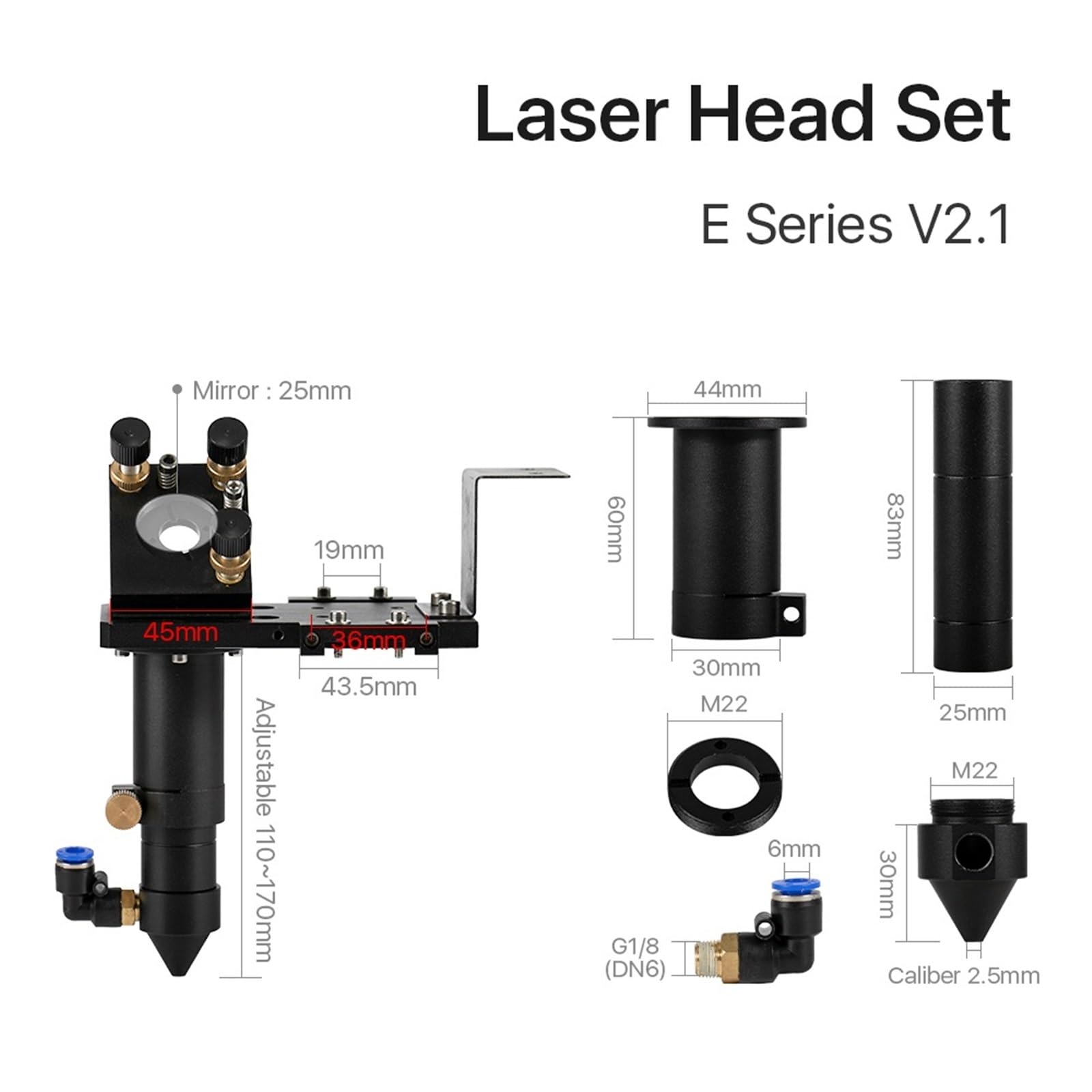 CO2 E Series Laser Head Set with Lens D20mm FL50.8 & 63.5 & 101.6 Mirror 25mm for Laser Engraving Cutting Machine