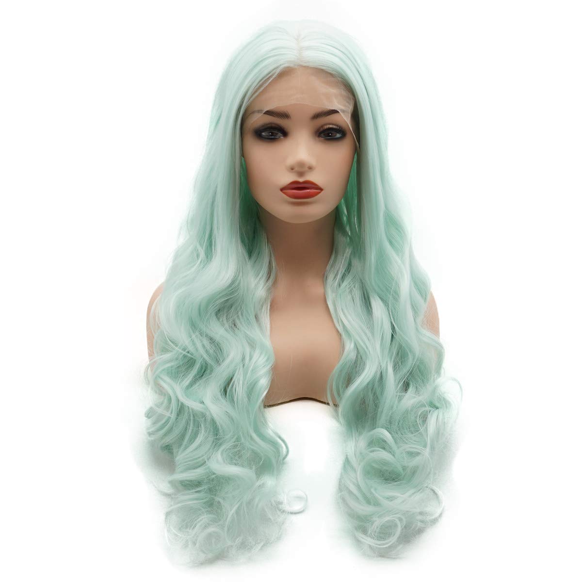 Hair Wavy Long 24inch Light Green Wig Heavy Density Heat Resistant Realistic Synthetic Lace Front Wig