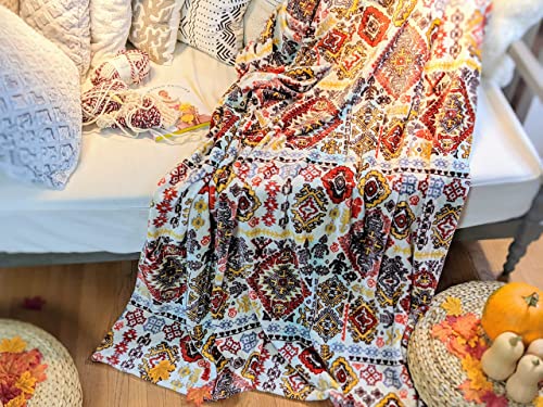 Dada Bedding Bohemian Southwestern Mink Fleece Throw Blanket - Lightweight Cozy Farmhouse Aztec Havana Geometric Abstract Soft Warm Fall Decor - Yellow & Red - Queen - 90" X 90" #TOP5