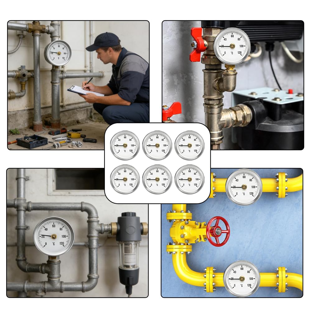 6 Stück Anlegethermometer Heizungsrohr, 0-120 °C 63 mm Rohrthermometer Heizungsrohr mit Clip-On Feder, Tragbares Rohrleitungs Thermometer, Kaminofen Rohr Thermomete für Heizanlagen und Kessel