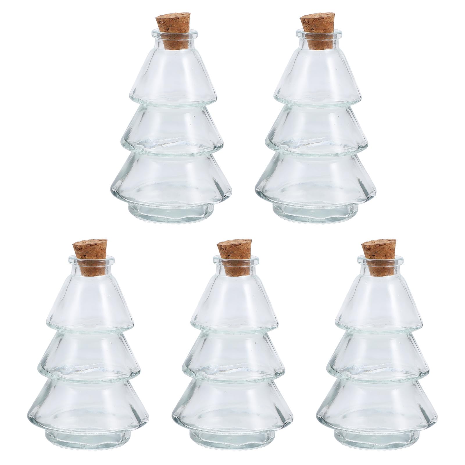 Set 5 Bottiglie di Vetro Tappo di Sughero a Forma di Pino, Barattoli Decorativi Piccoli per Messaggi, Oli Essenziali e Decorazioni da Appendere, Multifunzionali per Casa e Regali