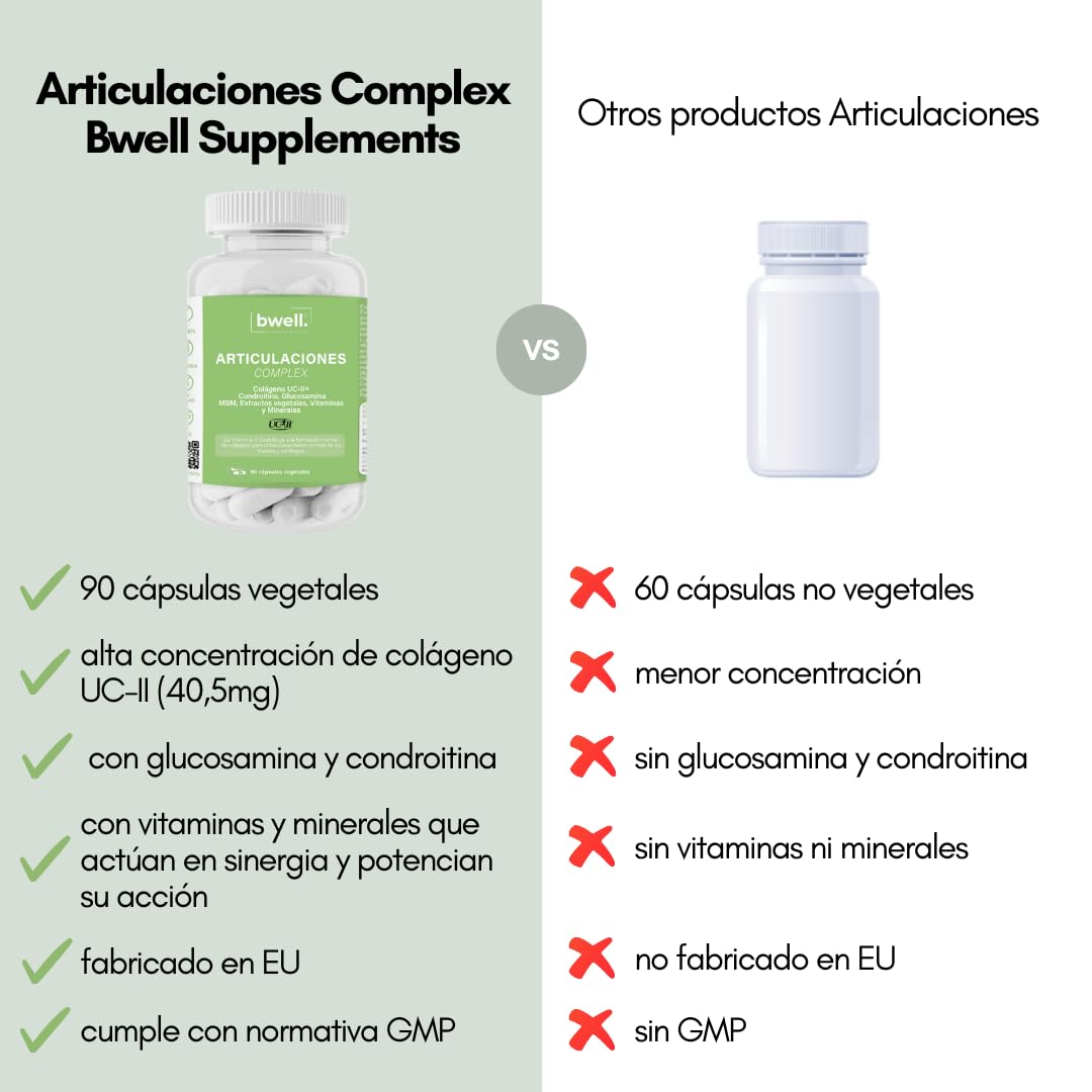 Colageno Hidrolizado Puro con Vitamina C MSM Minerales para Articulaciones Piel Cabello 90 Capsulas con Herpagofito y Boswelia Sin Gluten Ni Lactosa UC - II ® | BWELL SUPPLEMENTS