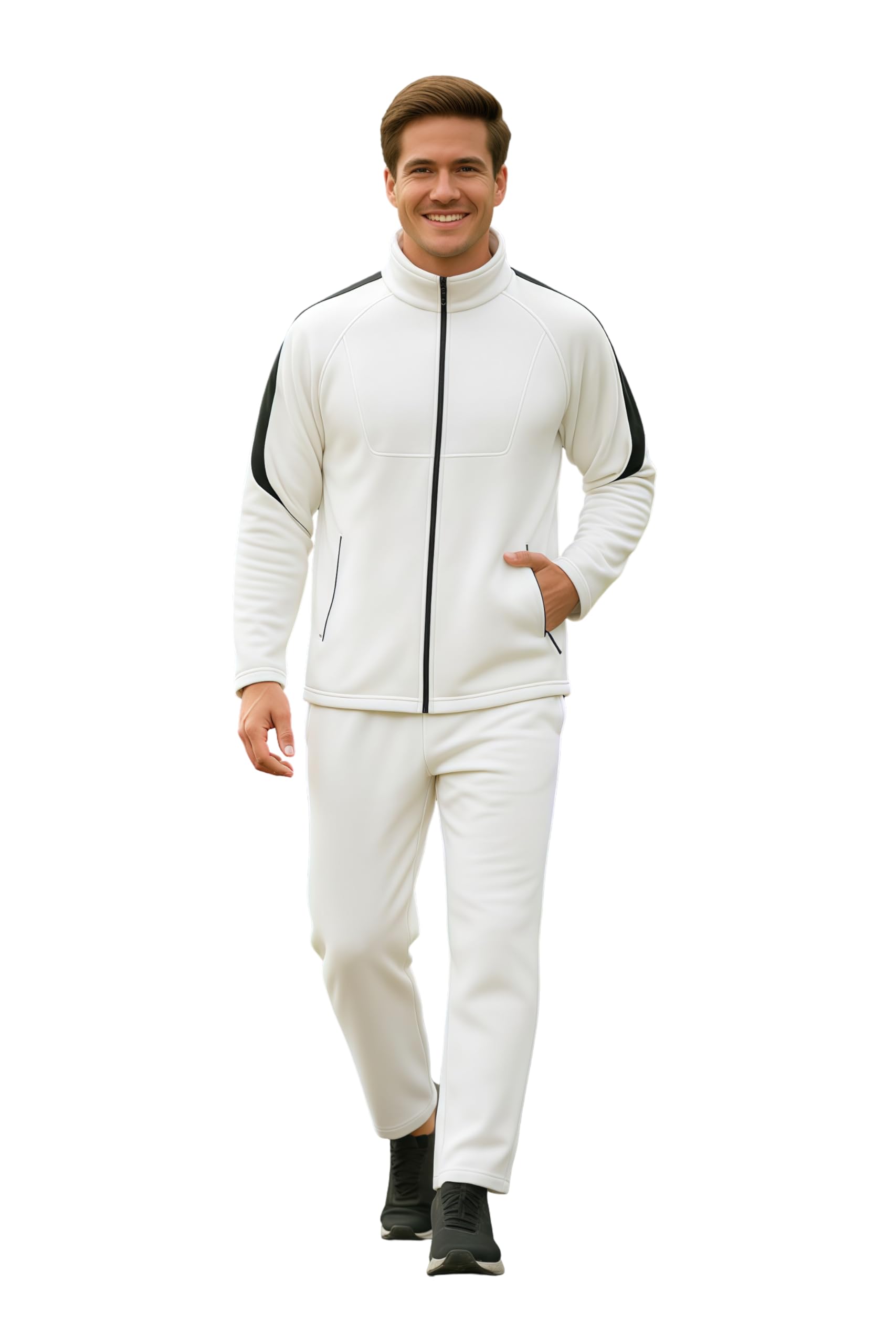 chkokko Men's High Neck Winter Tracksuit Set with Full-Zipper Upper & Elasticated Waist Jogger Pants | Warm Soft Solid Activewear for Gym, Running & Casual Use WHITEBLK S-picture-22