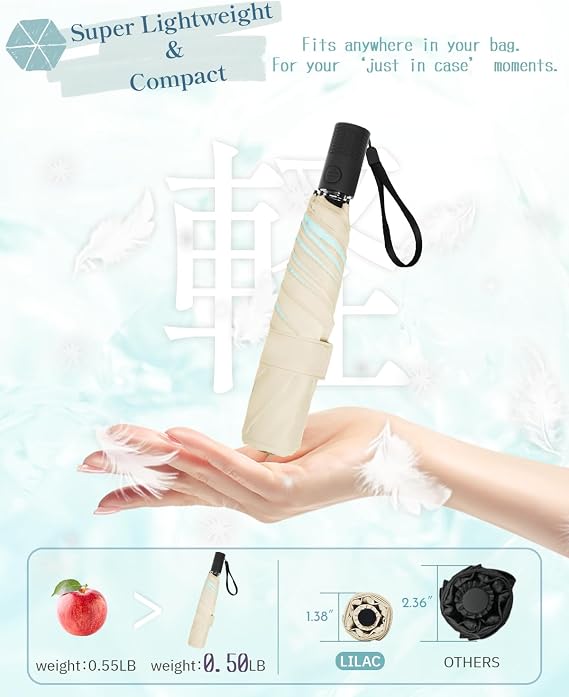 Compact Travel Umbrella, Safe Folding Auto Open/Close Umbrellas for Rain & Sun, Lightweight Portable Small for Backpack Car, less force to close for Women Men Kids, TSA Approved