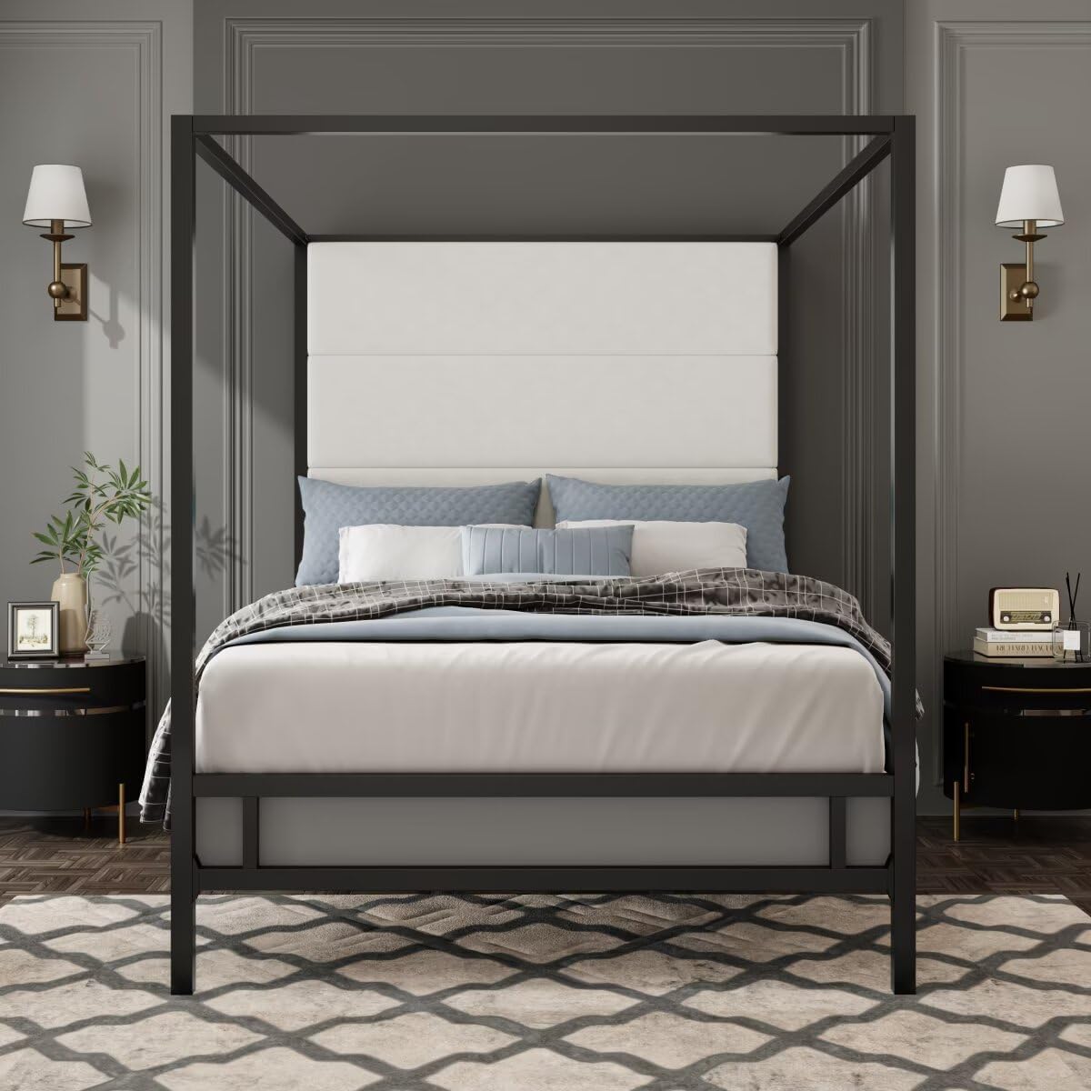 King Size Canopy Bed Frame, Black Canopy Beds with Tall Velvet Fabric Upholstered Headboard, Metal 4-Poster Bed Frame, Box Spring Needed (King,Black)