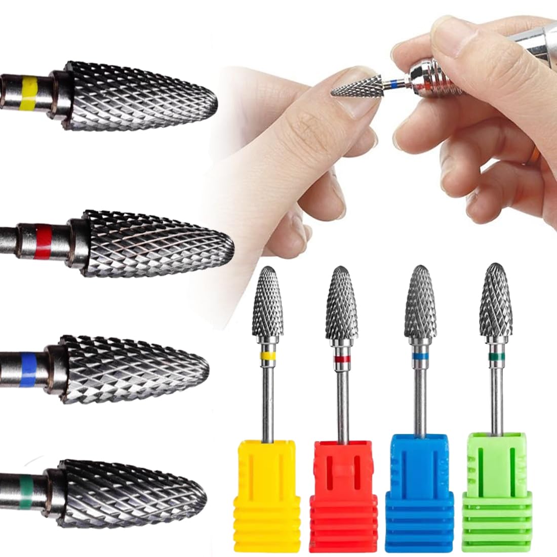 Punte per fresa per unghie, 4 pezzi, in acciaio al tungsteno, 3/32", punta per cuticole, punte abrasive, lima per unghie, punta per manicure, pedicure e cura delle unghie