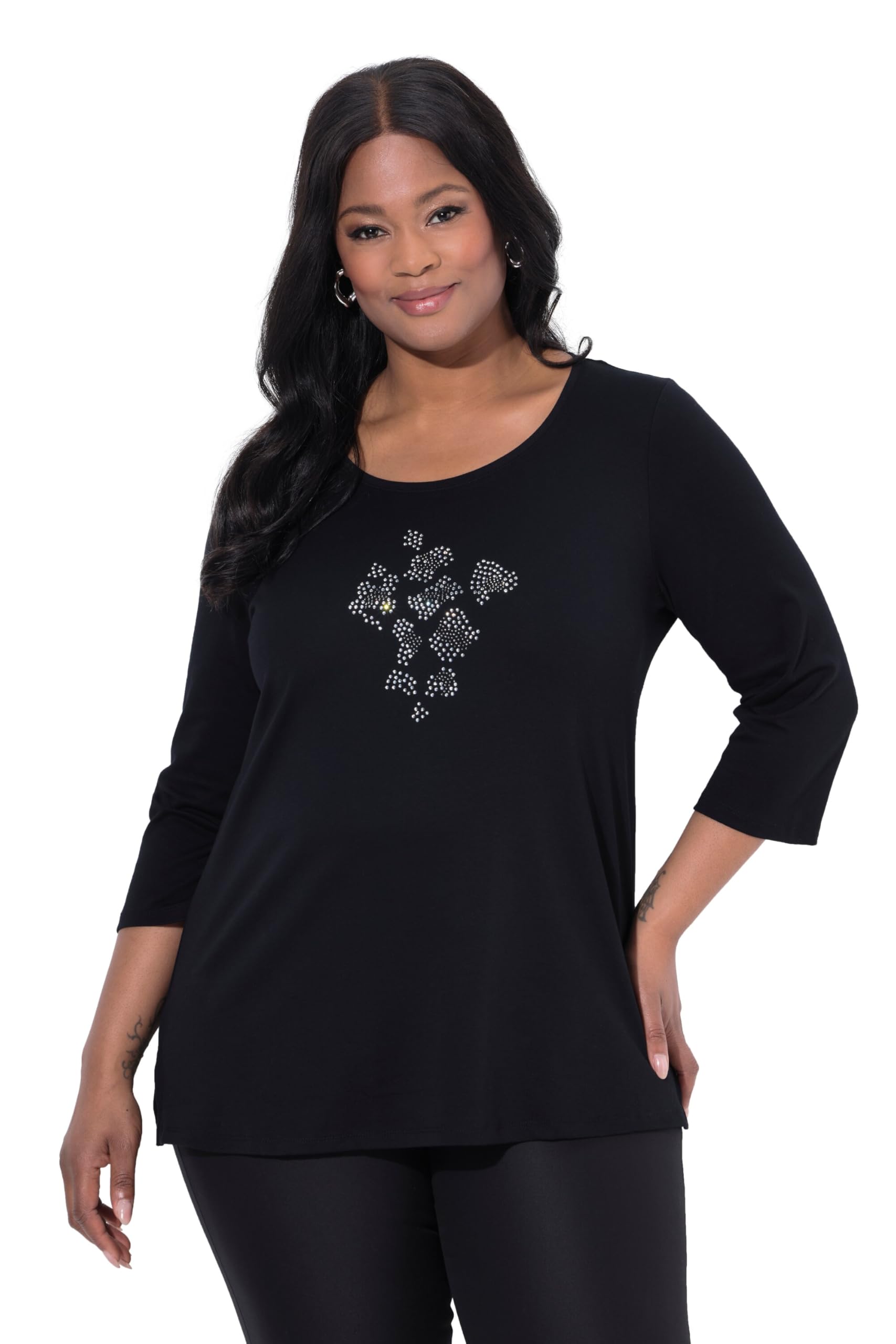 Ulla Popken Damen große Größen Übergrößen Plus Size Shirt, Ziersteine, A-Linie, Rundhals, 3/4-Arm, Pima Cotton 844690