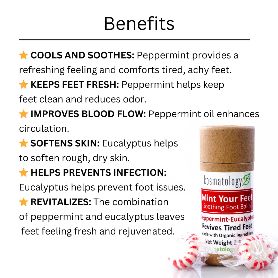 kosmatology Peppermint Eucalyptus Foot Balm – Mint Your Feet | Solid Moisturizer for Dry Cracked Heels & Rough Feet | Organic, Non-Toxic, Cruelty-Free Foot Balm – 2.5 oz