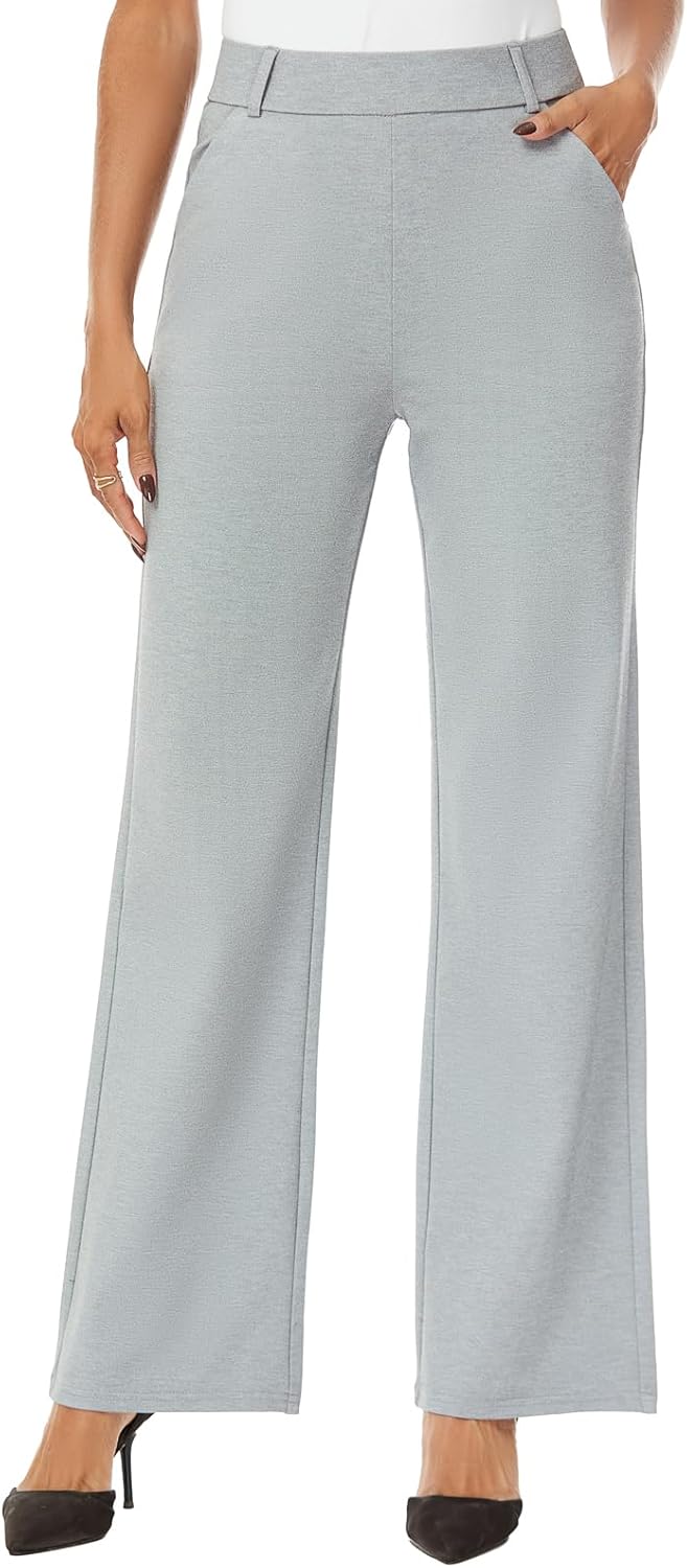 iChosy Womens Wide Straight Leg Pull-On Trousers Casual Slacks Dress Pants with Pockets