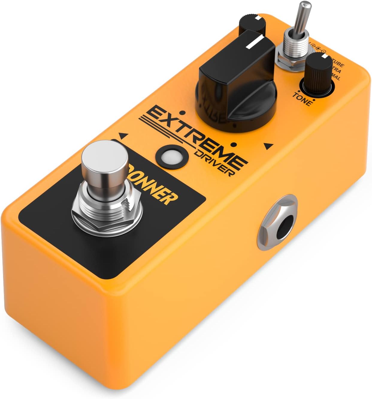 Angled view of the Donner Extreme Driver Distortion Pedal, showing power input and jacks.