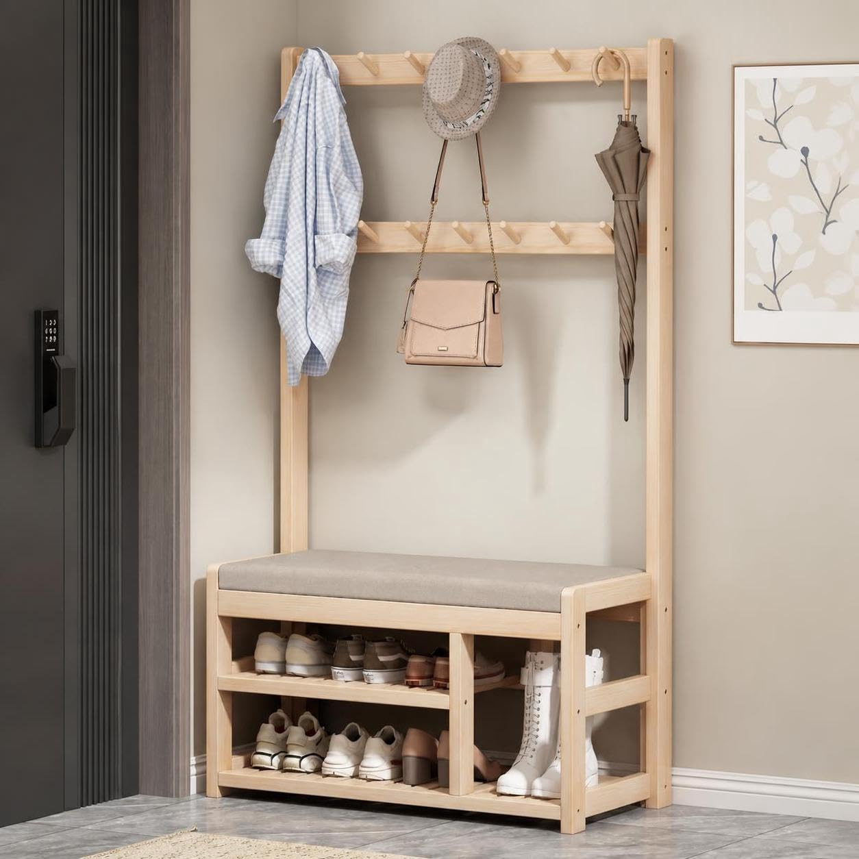 Árbol de recibidor de Madera Maciza con Banco para Zapatos tapizado, Perchero, Zapatero, Organizador de Almacenamiento Todo en uno para el hogar