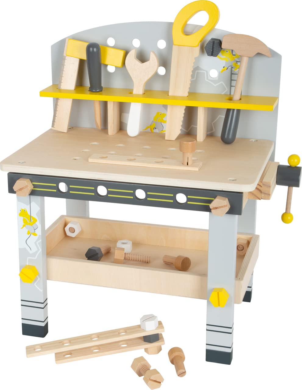 Small Foot Wooden Toys- Compact Premium Workbench Playset for Boys and Girls- Role Play Construction Set Includes 5 Wooden Tools-Ages 3+, Multi, 11805