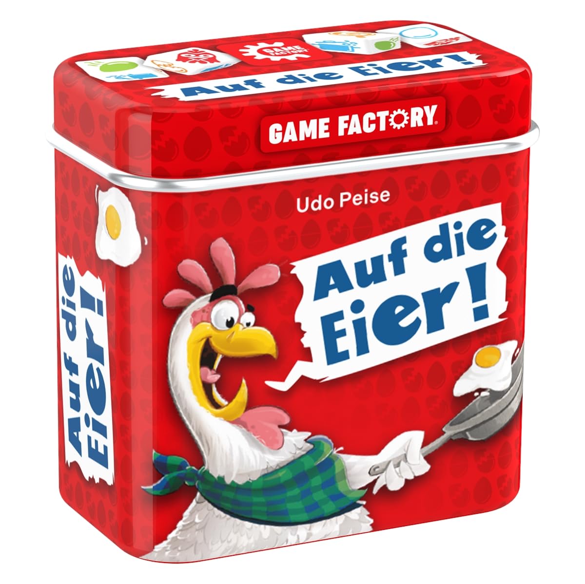 Game Factory 646038 Auf die Eier, das lustige Würfelspiel, Mini-Spiel in handlicher Metalldose, einfaches Reisespiel für Erwachsene und Kinder ab 8 Jahren