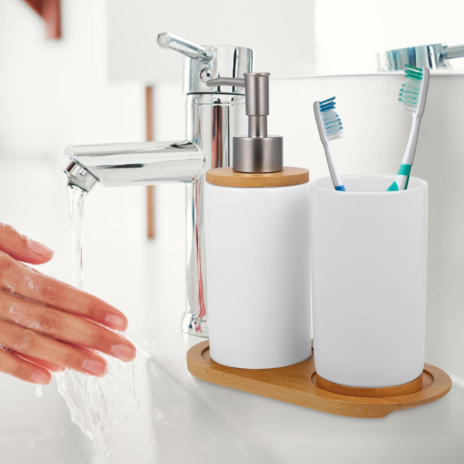 Yardwe Juego de Accesorios para Baño Cerámico Blanco 3 Piezas (Vaso 350ml, Dispensador 430ml, Base) Set para Cepillo de Dientes y Dispensador de Jabón Recargable para Baño Hogar