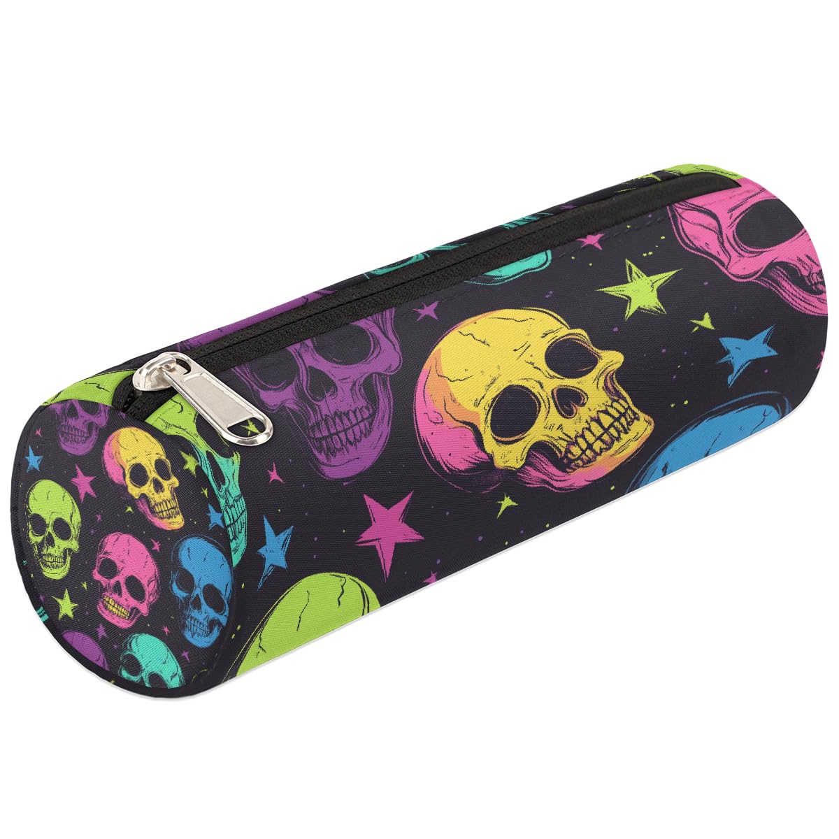 VQUVQV Boys Girls Pencil Case, Colorful Skulls and Stars Zippered Pen Case for Stationery Toiletries Makeup Office Supplies, Portable Cosmetics Bag