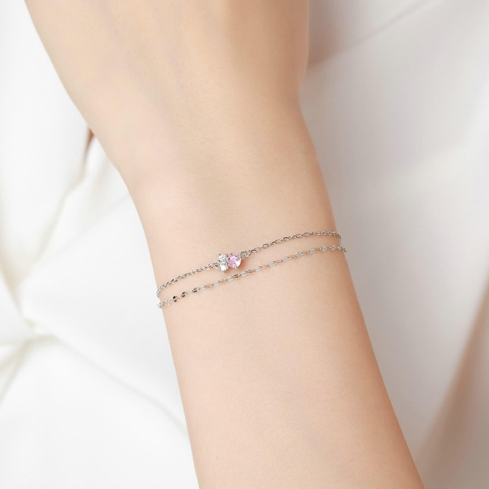 Pulsera vintage, pulsera de promesa de cadena de doble capa con zafiro rosa creado y moissanita