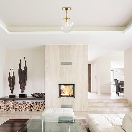 Miniatura 8 de Lámpara de techo semiempotrada dorada con acabado de latón con pantalla de vidrio transparente, iluminación de estilo moderno contemporáneo de