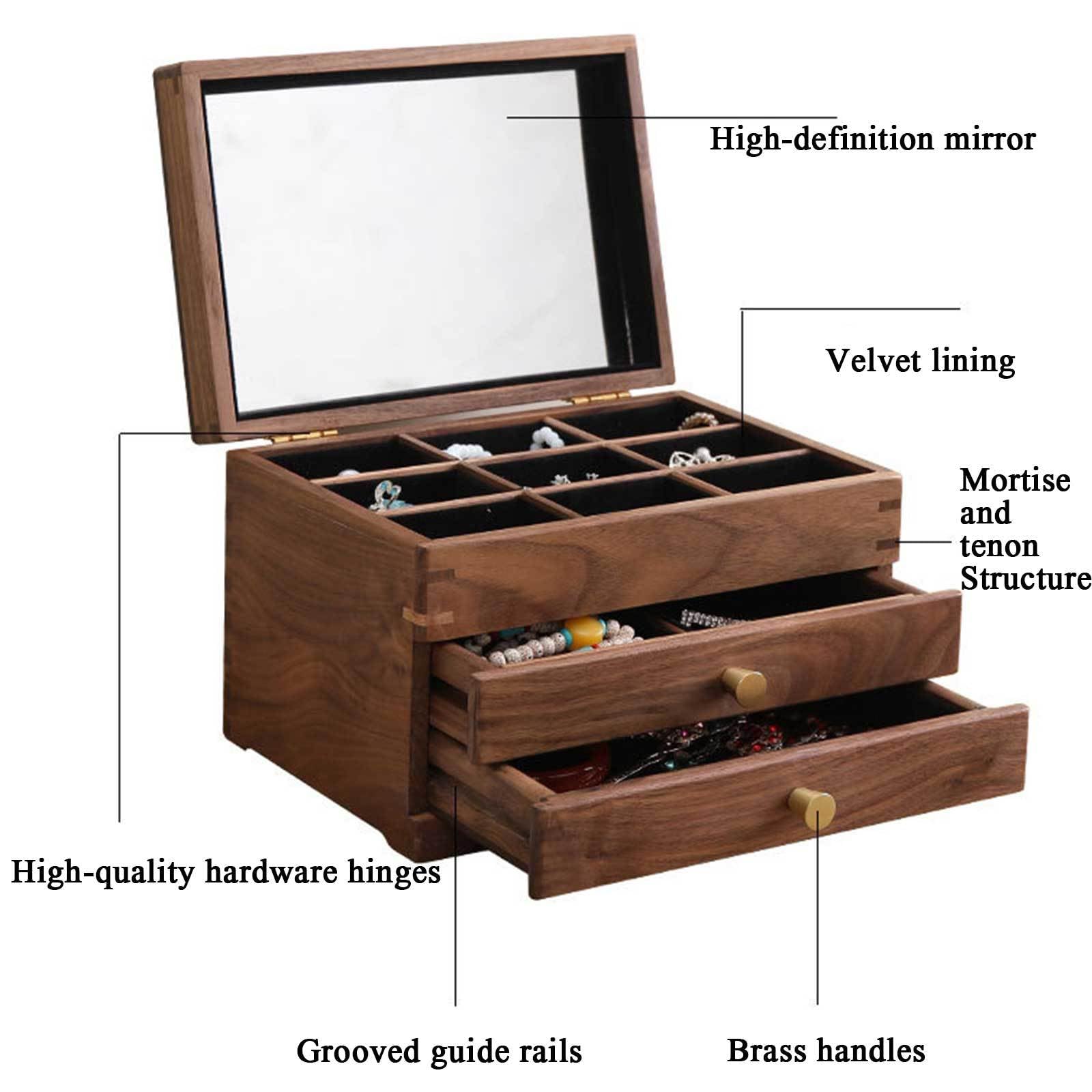 Pudełko na biżuterię, Solid Wood Jewelry Box Mirror 2 Drawers Velvet Interior 9.45x6.30x6.69 Inches Storage Organizer