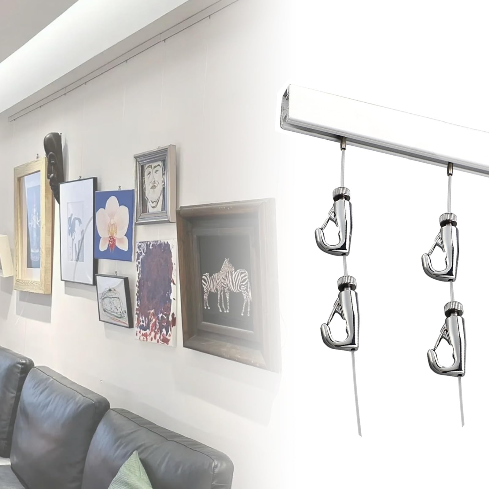 Bildaufhängeschiene Verstellbares Bilderschienen-Aufhängesystem, Schwarz/Weiß – 25, 40, 60, 70, 75, 80 Zoll, Galerie-Bilderschiene Mit Stahlkabeln, Heimdekor/Salon/Museum, Bilderaufhängeset(White,35in