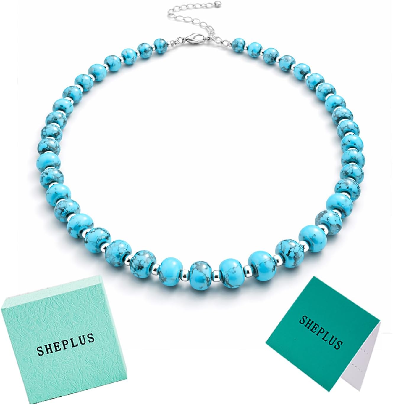 Sheplus Anniversary Wife Gifts - 925 Sterling Silver Genuine Turquoise Beaded Choker Necklace Real Western Jewelry for Women