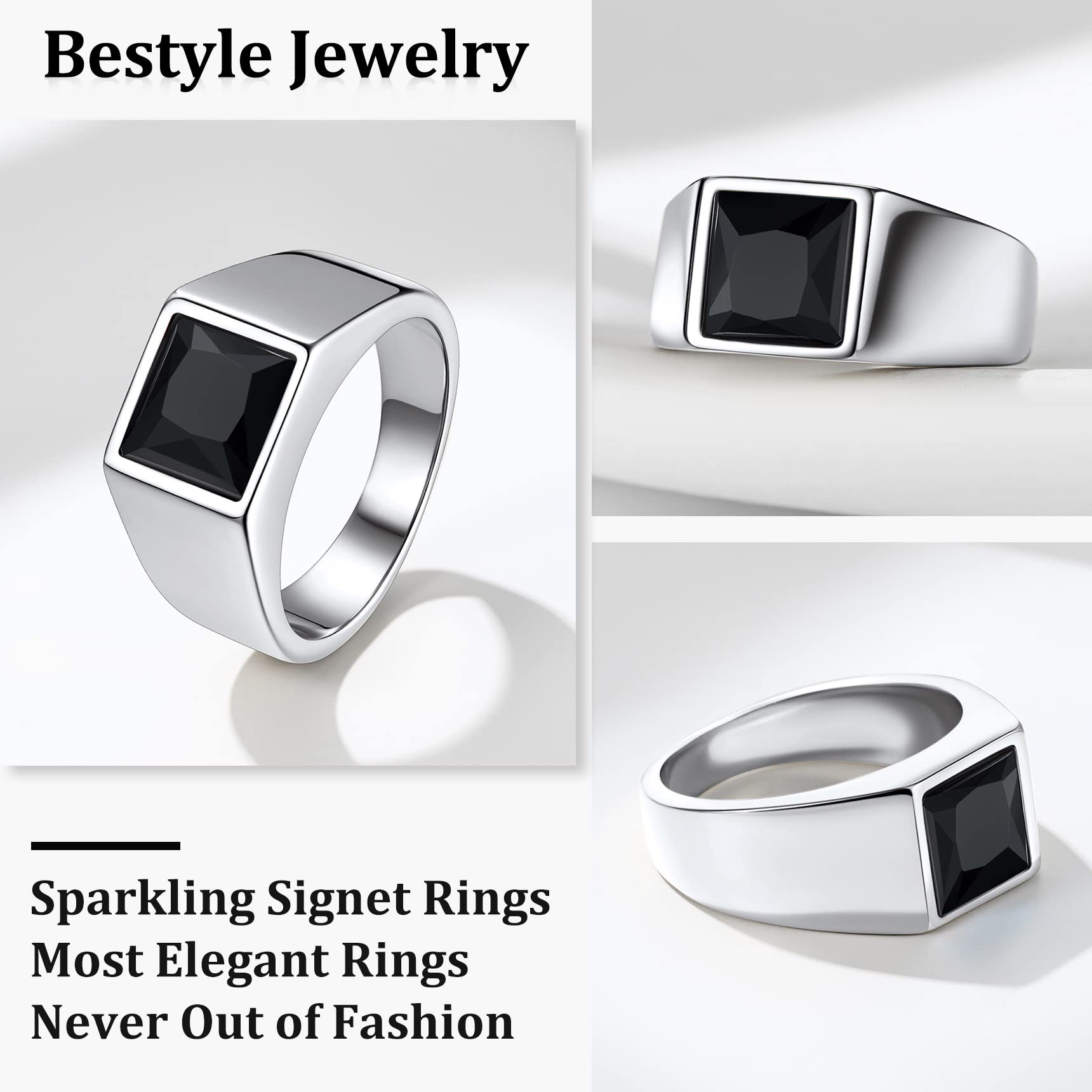 Bestyle Anello Acciaio Uomo Donna, Anello Uomo Argento/Nero/Oro con Misura IT 14.5-32.5, Anello Ragazzo Maschio con 8mm/15mm Pietra Nera/Zaffiro, Idee Regalo per Compleanno Anniversario