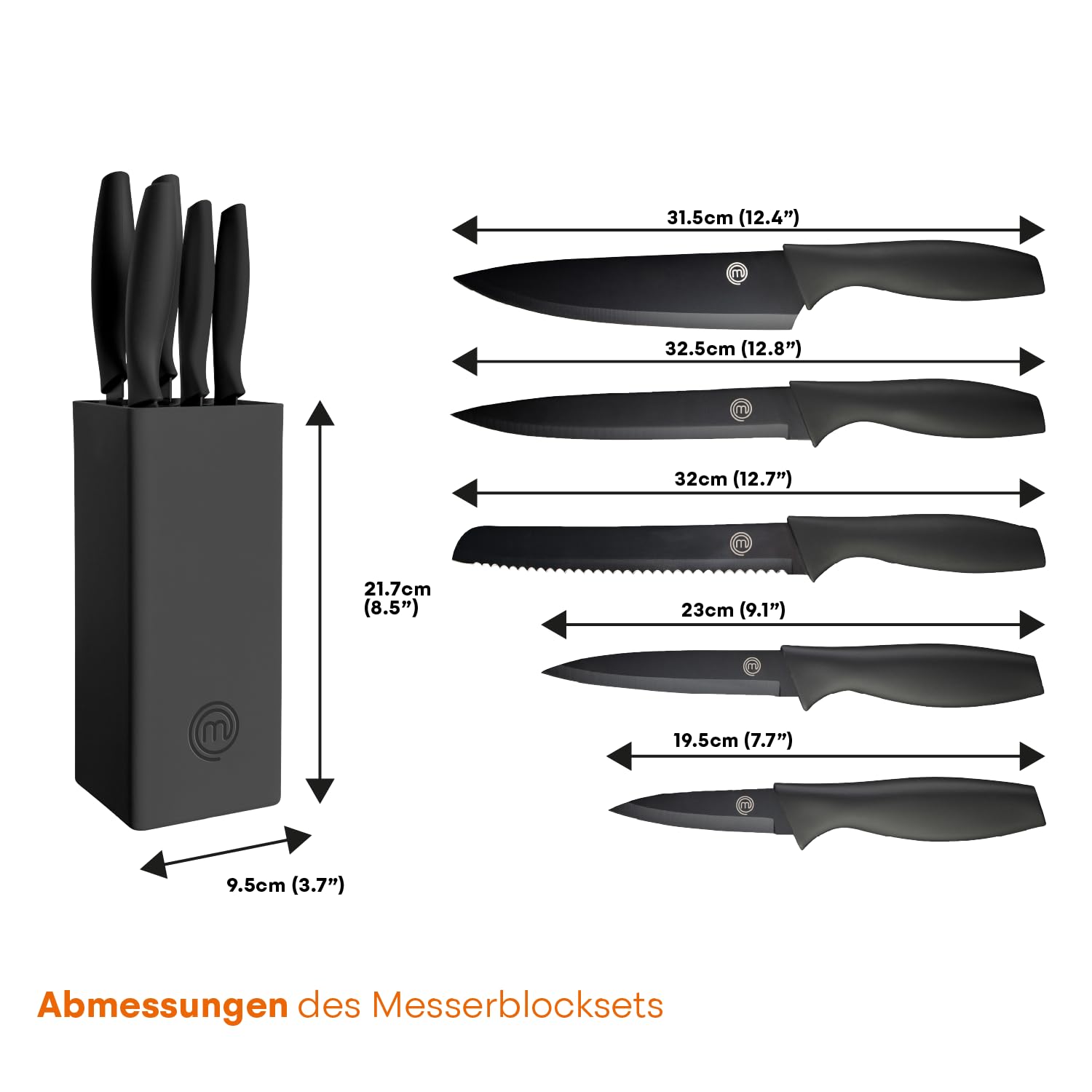 MasterChef Messerblock mit Messer, Messerset mit Block, Scharfe Messer Set mit Küchenmesser, Kochmesser, Brotmesser, Schälmesser & Allzweckmesser, Edelstahlklingen, Softgriff, 6-teilig, Schwarz