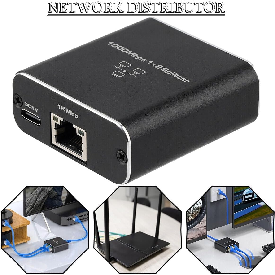 Ethernet Splitter Adapter RJ45 Cable LAN Network Internet 1 in 2 Output with USB Type-C Power Cable for Cat5/5e/6/7/8