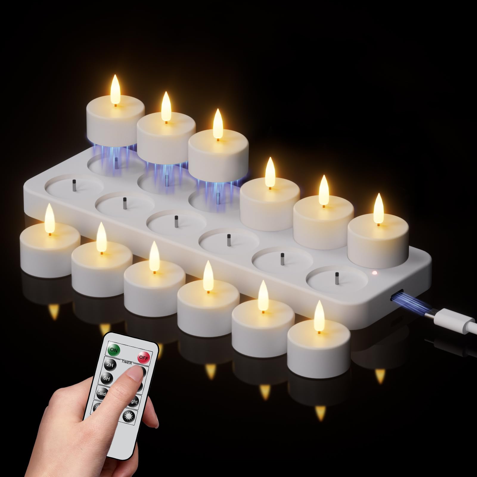 Eldnacele Rechargeable LED Tea Lights Candles with Remote Timer, 12 Pcs Battery Operated Flameless Tealights with Charging Base, Flickering LED Tealight Candles for Christmas Decorations โ image 1