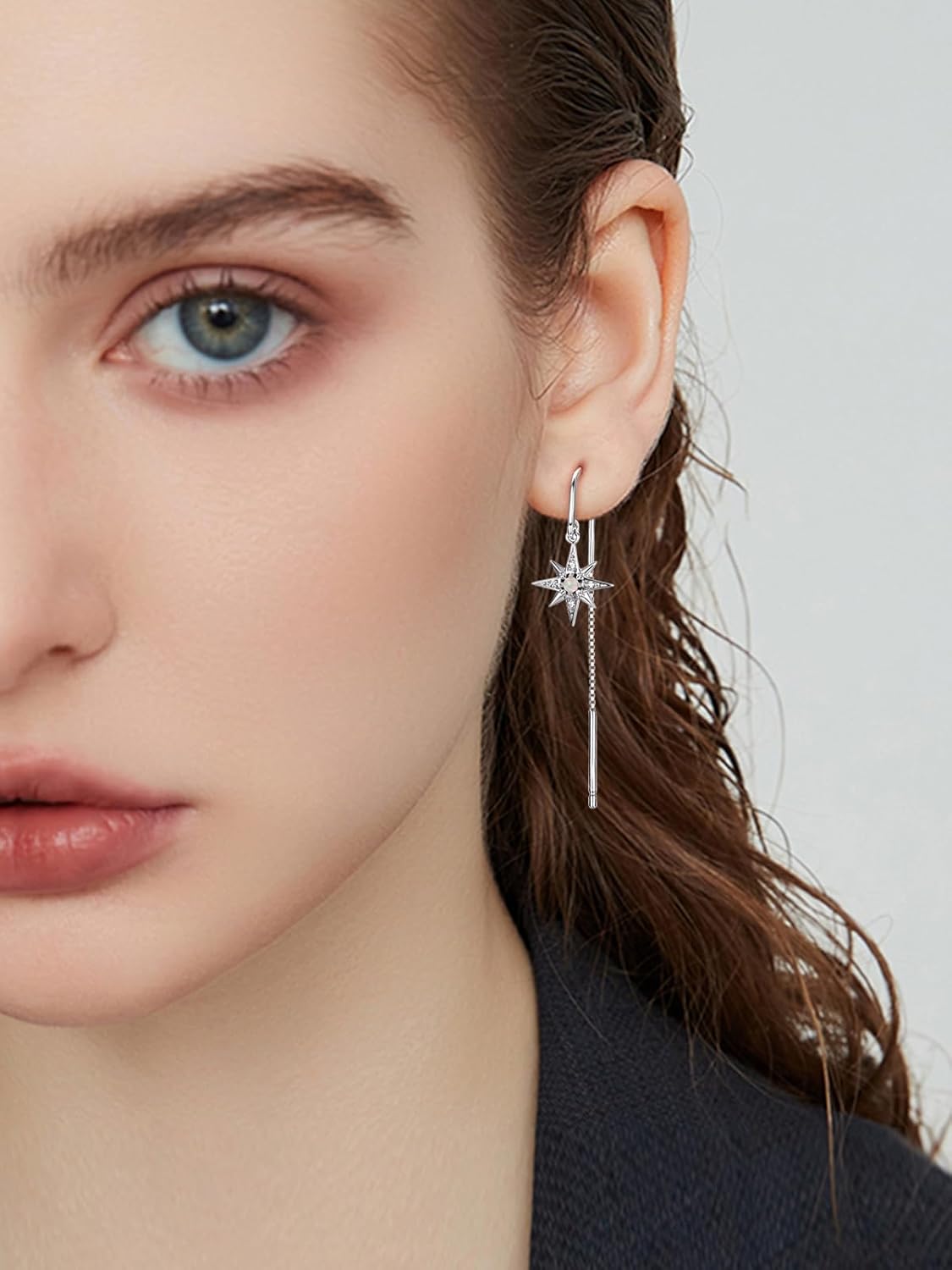 TANGPOET Sun Moon Star Threader Earrings for Women 925 Sterling Silver Synthetic Opal Long Chain Thread Earrings Hypoallergenic Celestial Jewelry Gifts for Birthday Mother's Day Christmas - Image 3