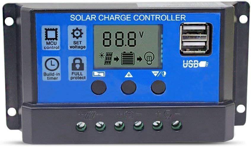 rbitech Solar Charge Controller Home Solar Power System Controller Smart Voltage Regulator with Dual USB Port Output 12V / 24V (10A)